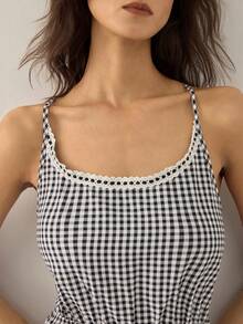 Almamuse 女士优雅编织缎带拼接格子连体裤 - 黑色 - 查看 6