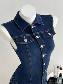 Elamini Bộ áo liền quần denim dáng ôm, không tay, màu trơn dành cho nữ - Rửa tối - Xem 4
