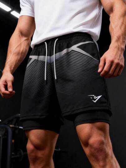 Manfinity Sport PWRUP 男士全印花双层抽绳腰带运动短裤