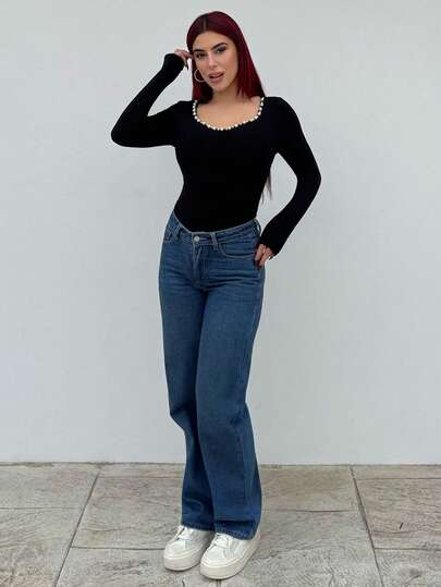 Bearsaez Women's Faux Pearl Sweetheart Neck Bodysuit, Long Sleeve