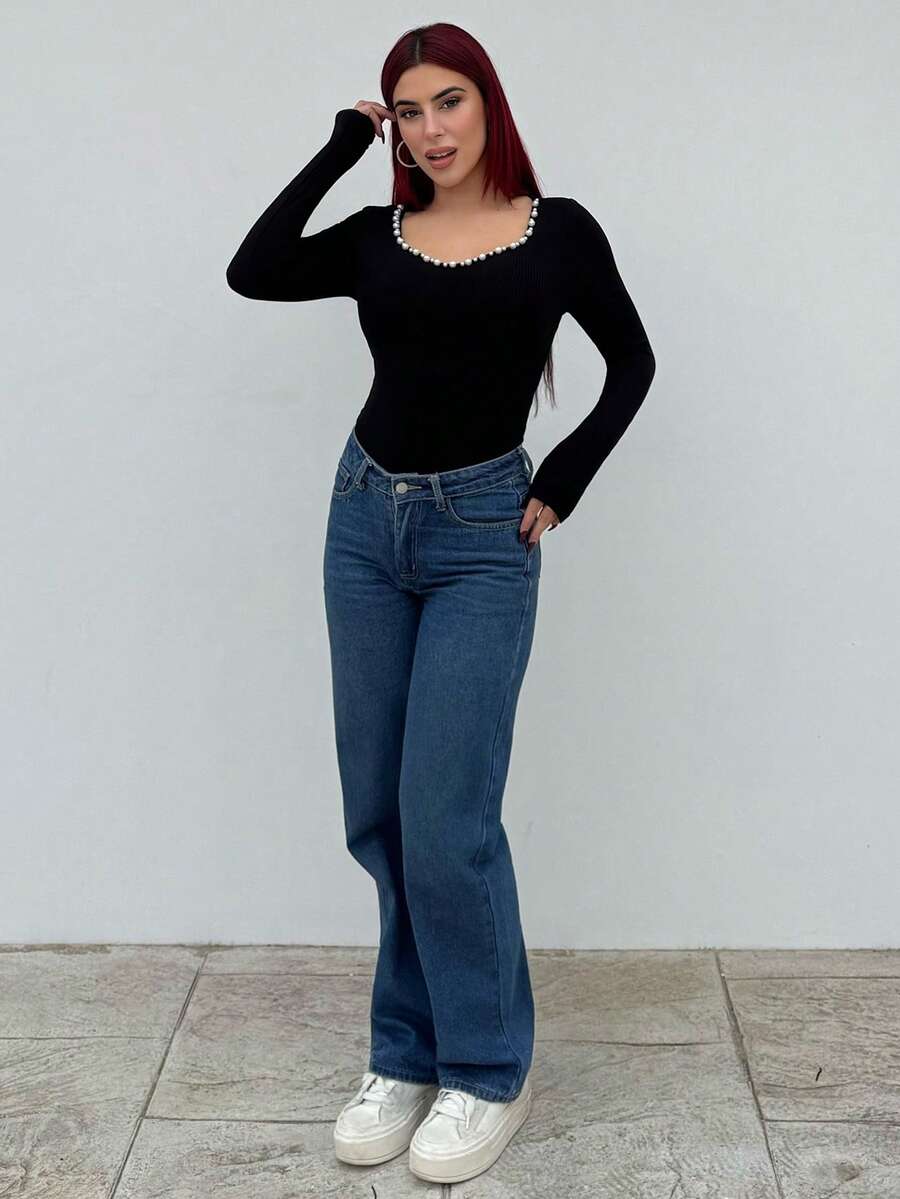 Bearsaez Women's Faux Pearl Sweetheart Neck Bodysuit, Long Sleeve - Black - View 1