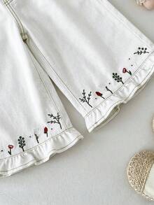 LMoss Kids 女婴花卉刺绣宽松卡其色牛仔裤 - 白色 - 查看 4