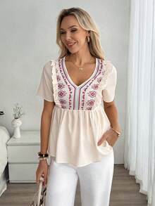 EMERY ROSE Apricot V Neck Peplum Blouse For Women Casual Short Sleeve Ruffle Hem Top With Plants Pattern - Apricot - View 4