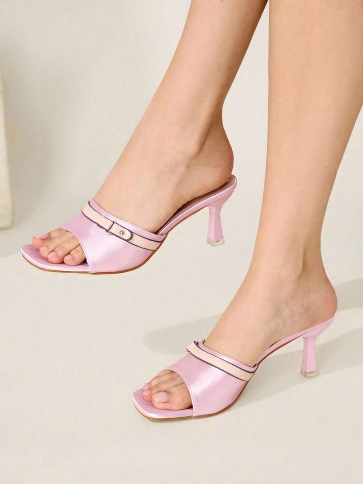 CUCCOO CHICEST Pink Satin Buckle-Trimmed High-Heeled Sandals Square Toe Contrasting Color Thin-Heeled Party Sandals Wedding Shoes Spring Shoes Bride Shoes