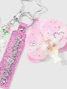 ROMWE Kawaii 1款全新春季ins风甜美可爱百搭轻奢高性价比度假风玫瑰红亮片皮革水钻闪亮字母蝴蝶结“我爱你”银色镂空星星树脂郁金香仿珍珠蝴蝶结精致碎樱桃粉仿真蝴蝶结兰花“DIY钻石饰品”赠送1个爱心水钻贴纸DIY钥匙扣包包挂件，适合女孩女士日常佩戴，节日礼物 - 彩色 - 查看 5