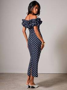 Women's Polka Dot Print Fitted Off Shoulder Short Sleeve Midi Dress,Summer Dresses For Women - Navy Blue - View 2