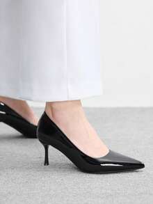 CUCCOO BIZCHIC 女士尖头细高跟酒红色高跟鞋，简约舒适，适合日常通勤、百搭的OL鞋，优雅时尚性感，适合工作、派对、宴会等场合。 - 鏡面黑色 - 查看 5