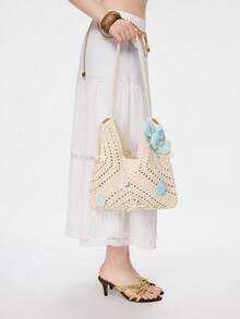 1 Starfish Shell Handmade Crochet Openwork Beach Vacation Style Straw Woven Shoulder Bag/Tote Bag With Drawstring Inner Pocket. - Multicolor - View 3
