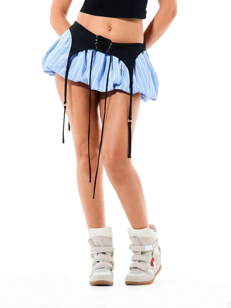 SUMWON WOMEN Striped Bubble Hem Mini Skirt With Suspenders