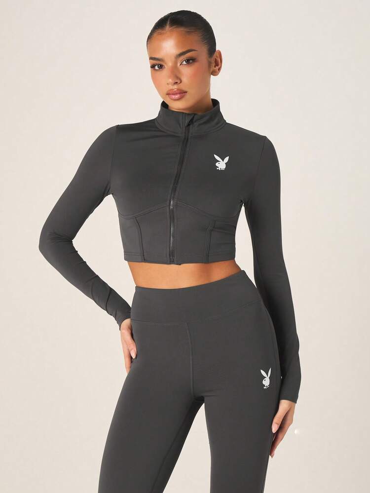 Missguided x Playboy Women's High Neck Zip Through Crop Top With Long Sleeves And Logo Athletic Fitted Training Jacket For Gym Workout