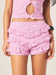 MISSGUIDED 女士亮粉色蕾丝荷叶边短裤，蝴蝶结装饰，迷你长度，高腰，层叠设计，性感夏季时尚热裤 - 粉色 - 查看 1