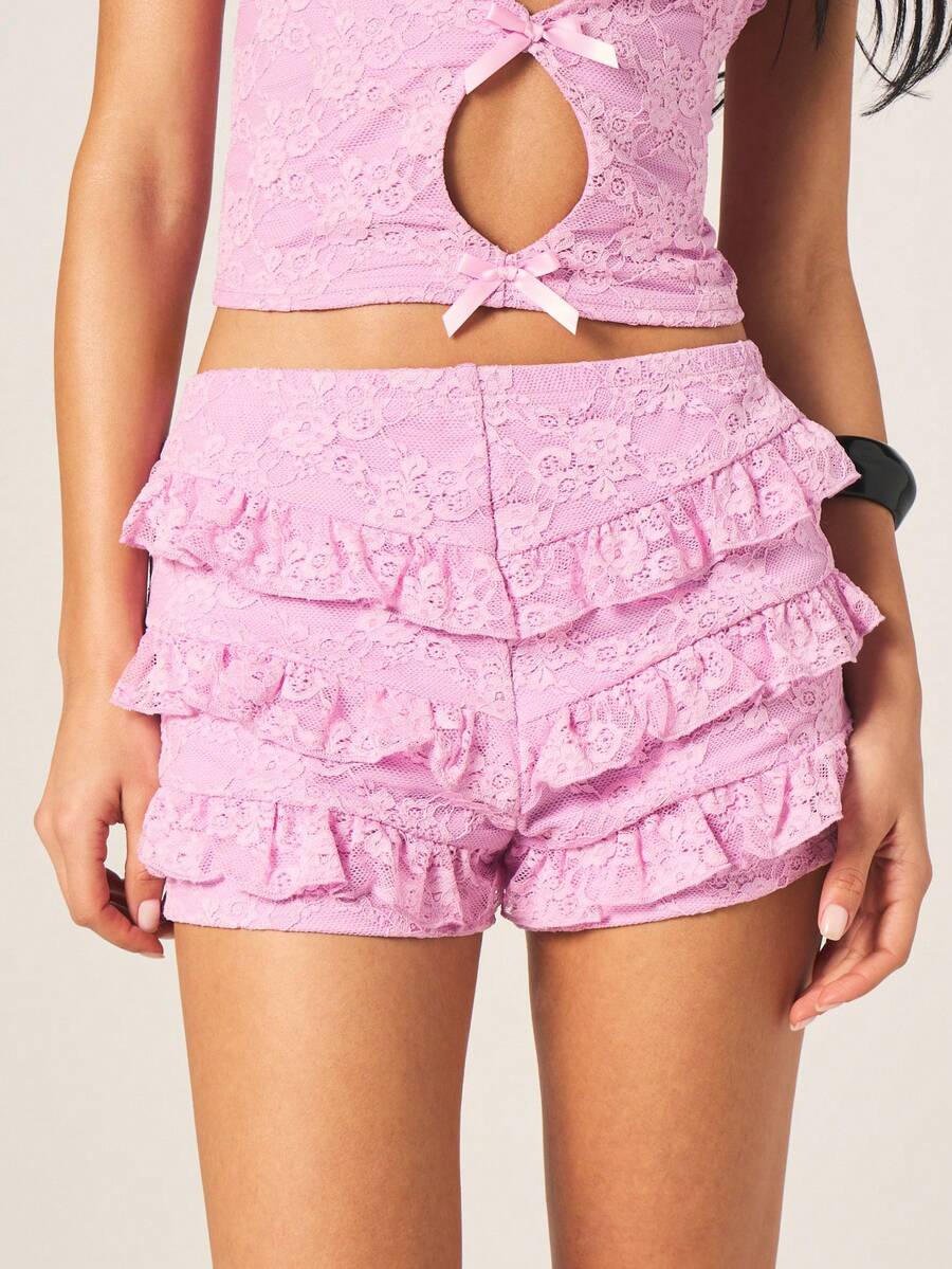 MISSGUIDED 女士亮粉色蕾丝荷叶边短裤，蝴蝶结装饰，迷你长度，高腰，层叠设计，性感夏季时尚热裤 - 粉色 - 查看 1