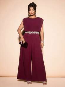 Allurite Plus Size Women Elegant Burgundy Summer Wedding Guest Outfits,Sleeveless Chiffon Patchwork Lace Trim Jumpsuit,Formal Graduation Outfit For Mother - Burgundy - View 5