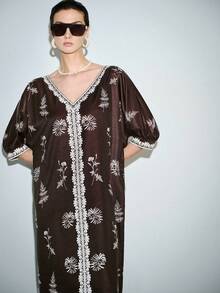 Lumivelle 女士V领半袖印花宽松连衣裙，带口袋，春夏款 - 棕色 - 查看 3