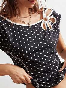 Bohemela Áo thun dệt kim chấm bi thường ngày dành cho nữ - Đen và trắng - Xem 2