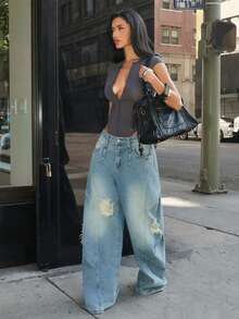 Denimoi Women's Casual Fashion Street Daily Commute Distressed Washed Loose Wide-Leg Denim Jeans - Blue - View 2