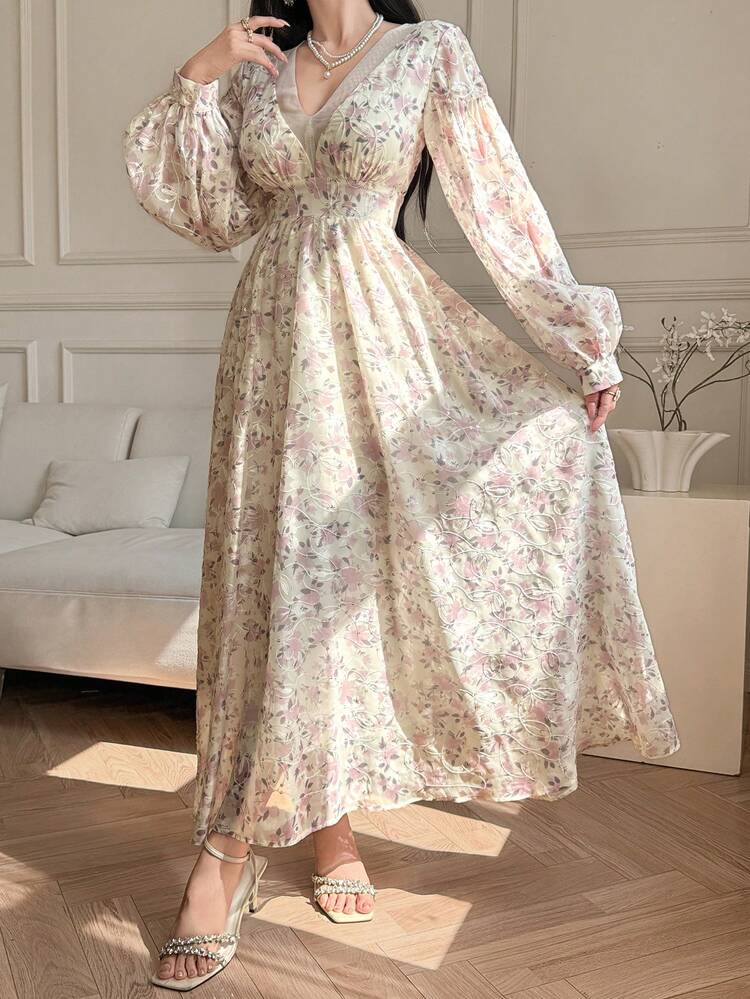 Floral Print & Embroidery Waist Cinched X-Shaped Dress, Deep V-Neck Lantern Sleeve, Elegant Summer Holiday Dress For Women Sundress Boho