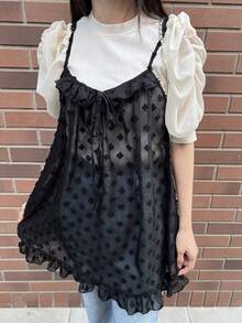 FRIFUL 女士夏季休闲度假风3D贴花薄纱吊带背心 - 黑色 - 查看 2