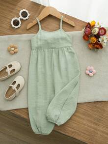 Cozy Pixies Bộ áo liền quần cho bé gái màu trơn, thoải mái, có nơ trang trí, màu xanh lá cây nhạt, chất liệu vải lanh, quần áo trẻ em. - màu xanh lá - Xem 4