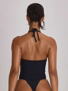 Musera Resort Traje de baño tipo tankini con cuello de barco y atar en el cuello, para vacaciones, verano y viajes a la playa, en color sólido, básico para resort - Negro - Ver 4