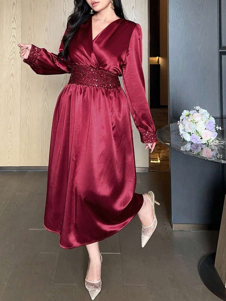 Dazy Plus Plus Size V-Neck Solid Color Patchwork Rhinestone Waist Cocktail Party Maxi Dress, Wine Red, Spring/Summer Sun Dresses For Women