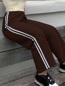 Jeta Ari Women's Casual Black Side Striped Trousers With Elastic Waist, Loose Fit And Versatile - Brown - View 5