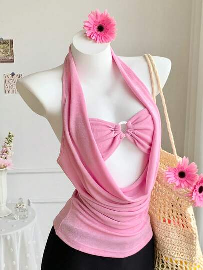 Comfortcana Women's Sexy Plunging Neck Backless Halter Top For Vacation Pink Bow Top Bows On Clothes, Summer Outfits For Women