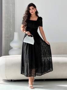Modelyn Đầm nữ màu trơn cổ vuông tay ngắn dáng suông thanh lịch, dài đến đầu gối, thích hợp cho mùa hè. - màu đen - Xem 3