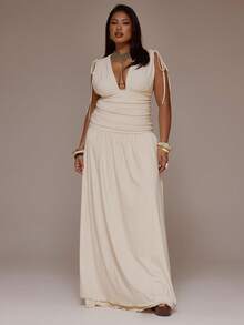 MUSERA 大码深V领褶皱拼接宽松长裙，春夏度假海滩优雅伊比沙岛音乐节假日塔吉锅新娘单身派对婚礼长裙 - 奶油色 - 查看 3