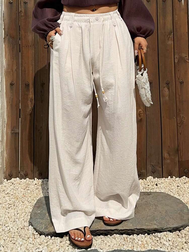 Dazy Plus Plus Size Women's Solid Color Drawstring Waist Wide Leg Loose Casual Pants Summer