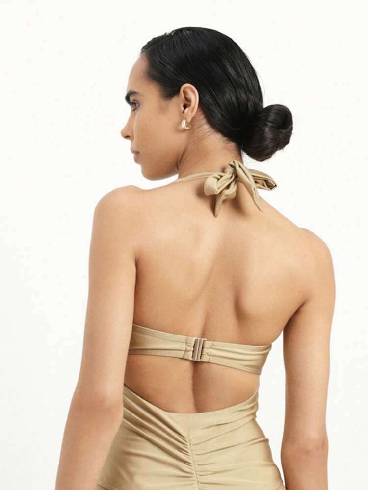 KSTM Ruched Halter Swimsuit With Cut Out Back Detail One Piece Beige Summer Beach Vacation Pool Resort