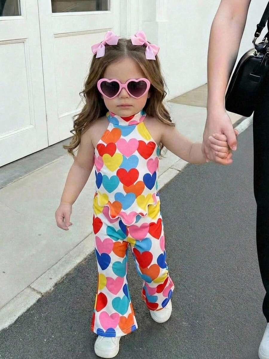 SHEIN Baby Girl Heart Print Asymmetric Hem Halter Top And Flare Pants Set - Multicolor - View 1