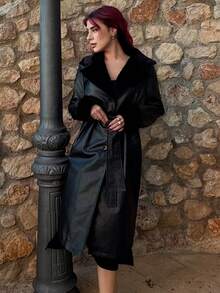 Bearsaez 女士休闲长款蓬松 PU 皮革拼接风衣，秋季 - 黑色 - 查看 5