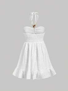SHEIN MOD Women's Vacation Casual Solid Color Hollow Embroidery Backless Halter Mini Dress - White - View 4