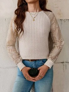 SHEIN Clasi 女士毛绒拼布向日葵蕾丝 T 恤 - 杏色 - 查看 8