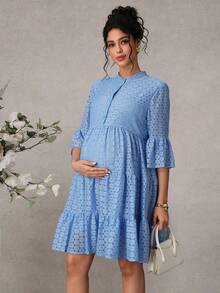 Momance Elegant Loose Fit Maternity Dress With 3/4 Ruffle Sleeves And V-Neck - Blue - View 4