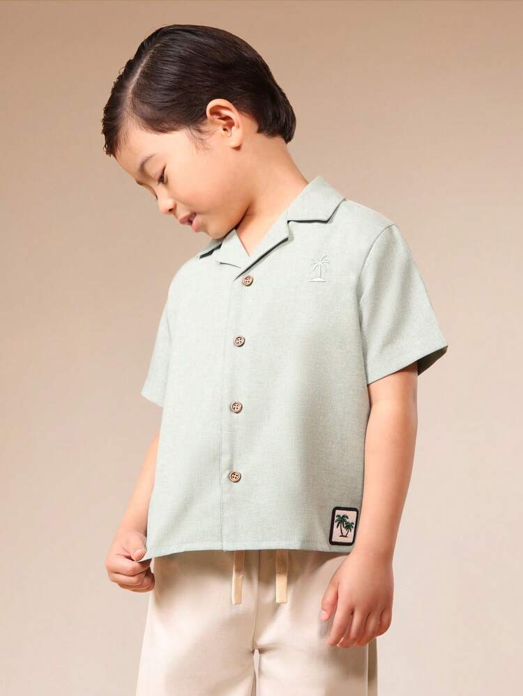Boys Collared Short Sleeve Linen Feel Shirt With Palm Tree Print And Button Front Closure