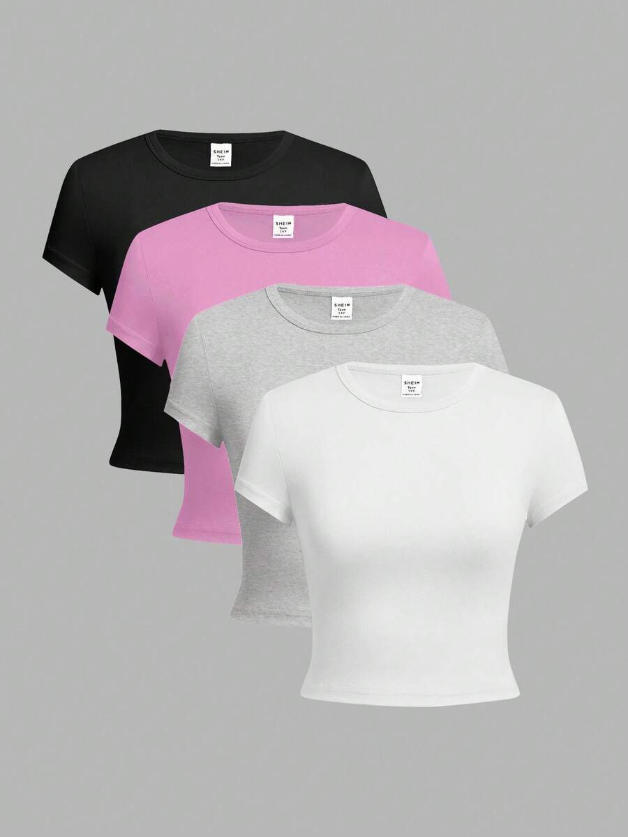 SHEIN Girlism Áo thun dệt kim dáng ôm, cổ tròn, tay ngắn cho nữ tuổi teen, nhiều màu - Nhiều màu - Xem 1