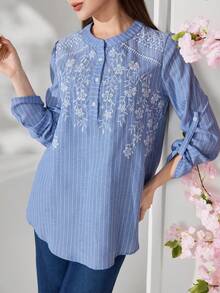 Veilorie New Embroidered Striped Casual Comfortable Daily Versatile Long Sleeve Shirt - Blue - View 5