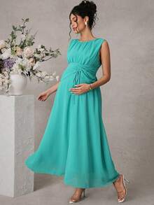 Momance D 女士休闲优雅雪纺长裙，浪漫复古风，适合海滩、度假，无袖，抽绳腰带，褶裥后背，春夏孕妇装 - 綠色 - 查看 4