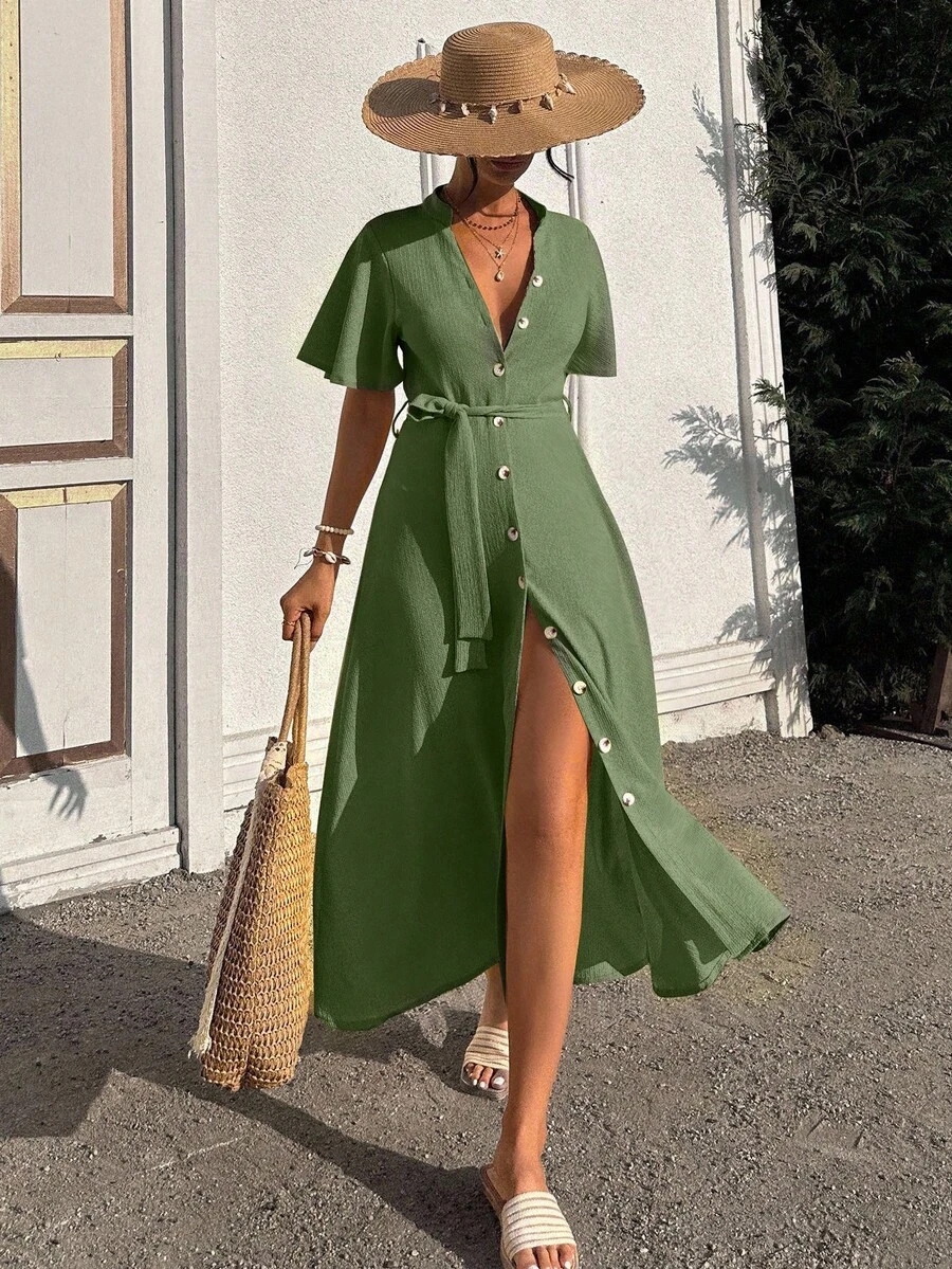 EURMUSE Ruffle Sleeve Crew-Neck Buttoned Maxi Dress With Shell Belt - Army Green - View 1