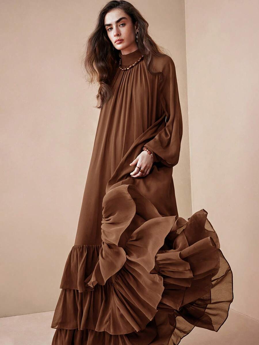 Arave Vestido largo de gasa holgado y elegante para mujer con cuello alto y dobladillo con volantes en capas, adecuado para citas - Óxido marrón - Ver 1