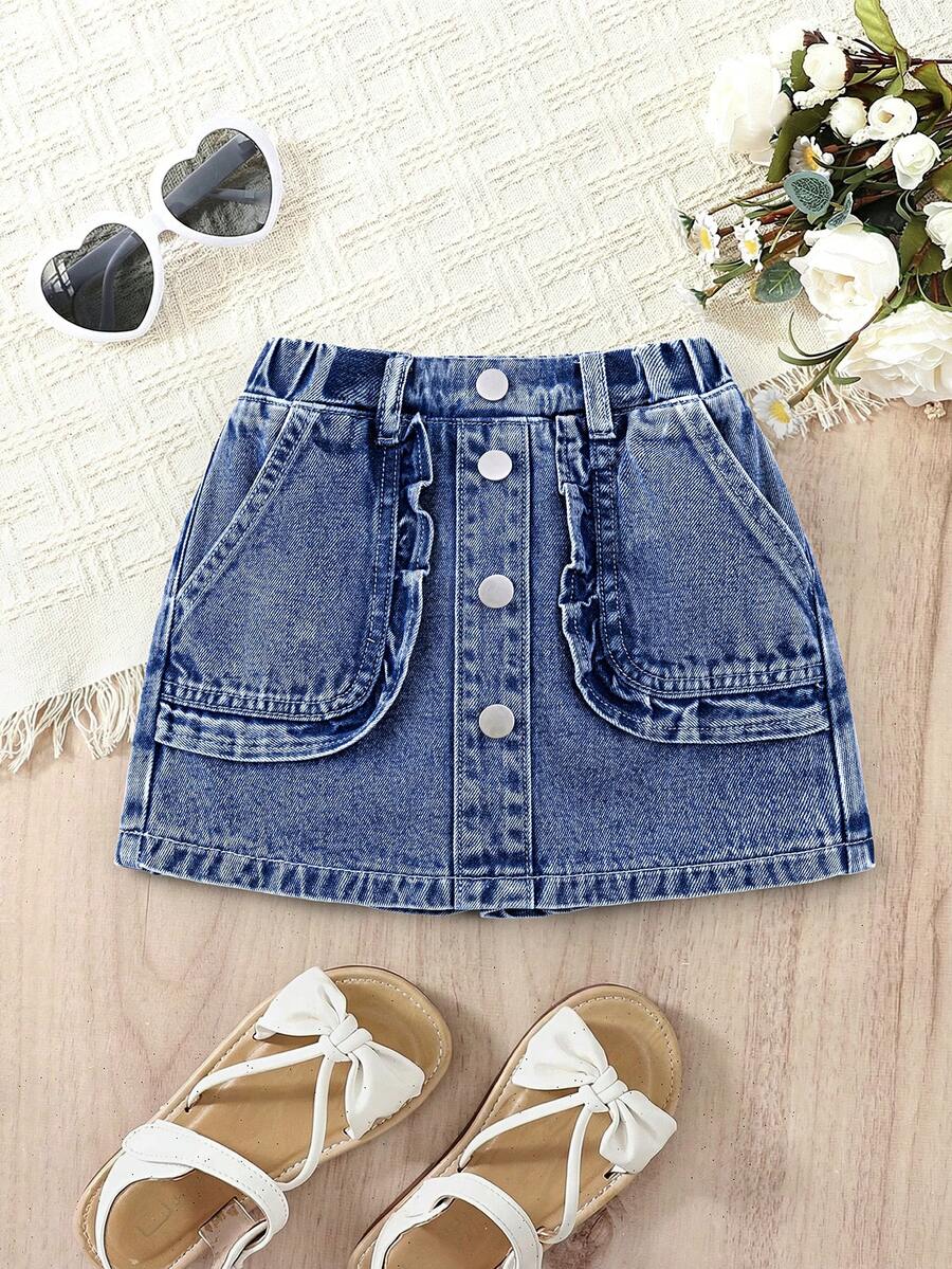 年轻女孩新款休闲时尚可爱荷叶边口袋设计水洗牛仔短裤 - 藍色 - 查看 1