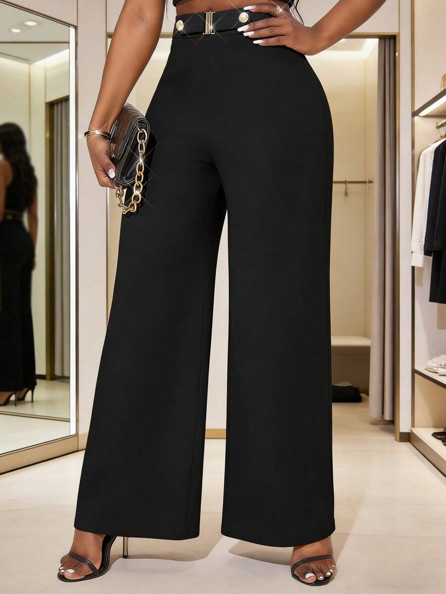 SHEIN Lady 女士纯色休闲裤 - 黑色 - 查看 1