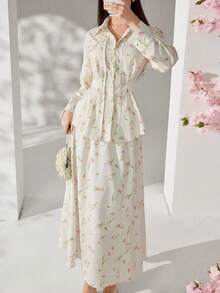 Veilorie Women's Elegant Commuter Ditsy Floral Shirt And Skirt 2 Pieces Set - Apricot - View 5