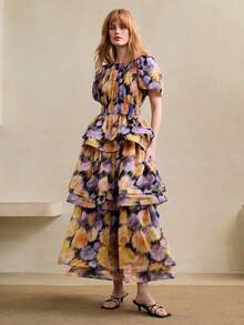 女士雪纺数码印花面料，圆领花瓣袖短袖收腰多层蛋糕设计优雅约会连衣裙 - 紫色 - 查看 2