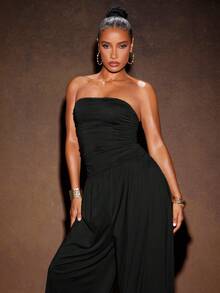 Hauture Sexy Mob Wife Party Vacay Jersey Sleeveless Side Ruched Drawstring Hem Jumpsuit - Black - View 4