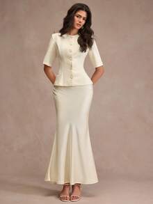 CLARA VERO Women's Round Neck Waist Cinched Button Short Sleeve Blazer & Fish Tail Skirt Suit Set - White - View 5