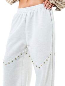 SUMWON WOMEN Celana Jogger Wanita Longgar Bermotif Abu-abu dengan Hiasan Kancing Emas dan Detail Jahitan Gaya Barat, Cocok untuk Musim Gugur dan Musim Dingin. - Light Grey - View 6