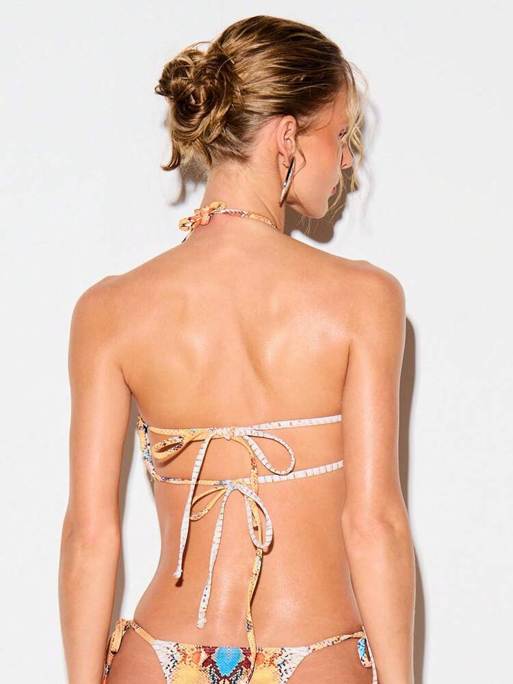 KIZN Women Snake Print Halter Bikini Set Cross Back Two Piece Swimwear Summer Beach Tie Side String Bikini